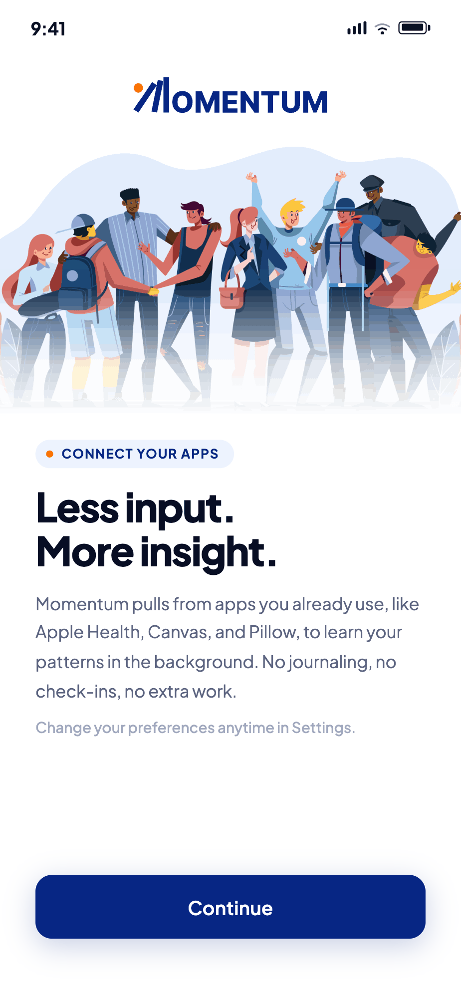 Momentum — Connect your apps screen