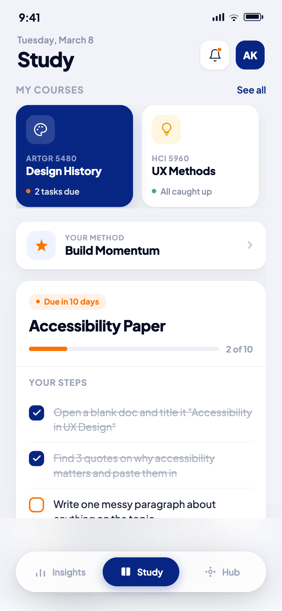 Momentum — Study task list screen